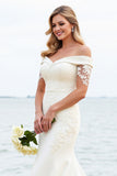 Witte zeemeermin Off The Shoulder Satijnen Lange Bruidsjurk Met Kant