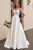 lvory A Line Off The Shoulder Kanten Lange Trouwjurk
