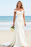 Witte zeemeermin Off the shoulder satijnen lange bruidsjurk met kant
