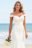 Witte zeemeermin Off the shoulder satijnen lange bruidsjurk met kant