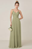 Salie Groen A Line Chiffon Spaghetti Bandjes Lange Bruidsmeisje Jurk met Split
