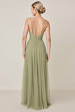 Salie Groen A Line Chiffon Spaghetti Bandjes Lange Bruidsmeisje Jurk met Split