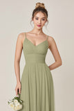 Salie Groen A Line Chiffon Spaghetti Bandjes Lange Bruidsmeisje Jurk met Split