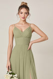 Salie Groen A Line Chiffon Spaghetti Bandjes Lange Bruidsmeisje Jurk met Split