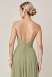 Salie Groen A Line Chiffon Spaghetti Bandjes Lange Bruidsmeisje Jurk met Split