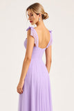 Lila gerimpelde chiffon A Line lange bruidsmeisjesjurk met split
