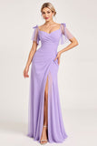 Lila A Line Lange Chiffon Bruidsmeisjesjurk met Split