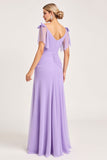 Lila A Line Lange Chiffon Bruidsmeisjesjurk met Split
