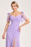 Lila A Line Lange Chiffon Bruidsmeisjesjurk met Split