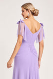 Lila A Line Lange Chiffon Bruidsmeisjesjurk met Split