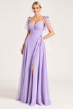 Chiffon Lila A Line Strap-up Schouderbandjes Lange Bruidsmeisjesjurk met Split