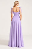 Chiffon Lila A Line Strap-up Schouderbandjes Lange Bruidsmeisjesjurk met Split