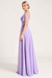 Chiffon Lila A Line Strap-up Schouderbandjes Lange Bruidsmeisjesjurk met Split