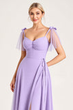 Chiffon Lila A Line Strap-up Schouderbandjes Lange Bruidsmeisjesjurk met Split