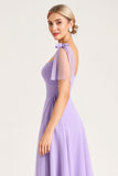 Chiffon Lila A Line Strap-up Schouderbandjes Lange Bruidsmeisjesjurk met Split