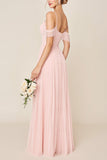 Blozende Roze A Line Cold Shoulder Tule Lange Bruidsmeisjesjurk