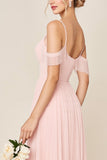 Blozende Roze A Line Cold Shoulder Tule Lange Bruidsmeisjesjurk