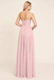 Candy Pink Chiffon A Line Spaghetti bandjes lange bruidsmeisje jurk