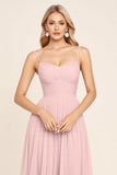 Candy Pink Chiffon A Line Spaghetti bandjes lange bruidsmeisje jurk