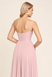 Candy Pink Chiffon A Line Spaghetti bandjes lange bruidsmeisje jurk
