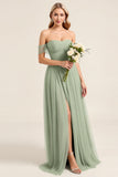 Matcha Chiffon A Line Off The Shoulder Lange Bruidsmeisjesjurk met Split