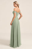 Matcha Chiffon A Line Off The Shoulder Lange Bruidsmeisjesjurk met Split