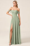 Matcha Chiffon A Line Off The Shoulder Lange Bruidsmeisjesjurk met Split