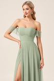 Matcha Chiffon A Line Off The Shoulder Lange Bruidsmeisjesjurk met Split