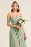 Matcha Chiffon A Line Off The Shoulder Lange Bruidsmeisjesjurk met Split