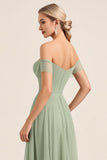 Matcha Chiffon A Line Off The Shoulder Lange Bruidsmeisjesjurk met Split