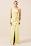 Matcha One Shoulder Chiffon Ruched Lange Bruidsmeisjesjurk met Split