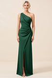Matcha One Shoulder Chiffon Ruched Lange Bruidsmeisjesjurk met Split