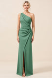Matcha One Shoulder Chiffon Ruched Lange Bruidsmeisjesjurk met Split
