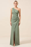 Matcha One Shoulder Chiffon Ruched Lange Bruidsmeisjesjurk met Split