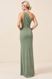 Matcha One Shoulder Chiffon Ruched Lange Bruidsmeisjesjurk met Split