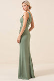 Matcha One Shoulder Chiffon Ruched Lange Bruidsmeisjesjurk met Split