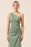 Matcha One Shoulder Chiffon Ruched Lange Bruidsmeisjesjurk met Split