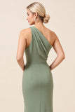 Matcha One Shoulder Chiffon Ruched Lange Bruidsmeisjesjurk met Split