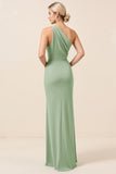 Matcha One Shoulder Chiffon Ruched Lange Bruidsmeisjesjurk met Split