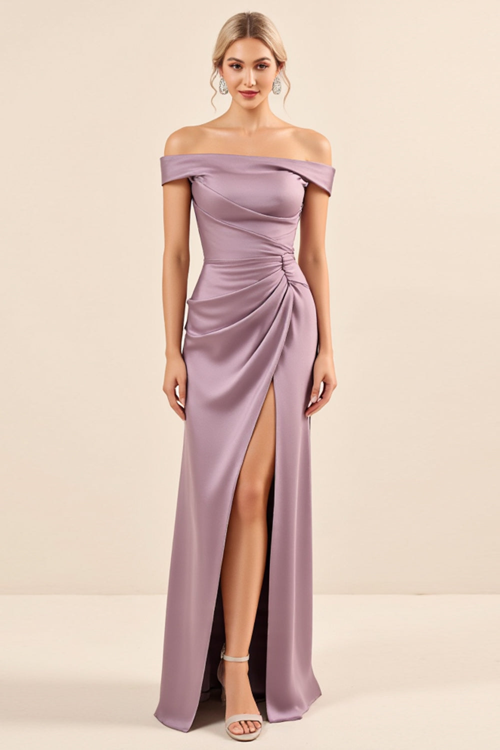 Vintage Mauve schede van de schouder satijnen gerimpelde lange bruidsmeisjesjurk