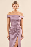 Vintage Mauve schede van de schouder satijnen gerimpelde lange bruidsmeisjesjurk