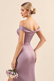 Vintage Mauve schede van de schouder satijnen gerimpelde lange bruidsmeisjesjurk