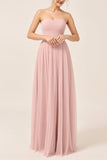 Blush roze A-lijn strapless tule lange bruidsmeisjesjurk