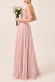 Blush roze A-lijn strapless tule lange bruidsmeisjesjurk
