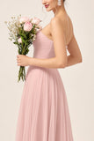Blush roze A-lijn strapless tule lange bruidsmeisjesjurk