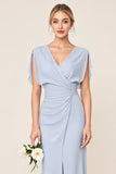 Lichtblauwe schede Wrap V-hals chiffon lange bruidsmeisjesjurk
