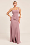 Vintage Mauve schede spaghetti bandjes gerimpeld lange bruidsmeisje jurk met spleet