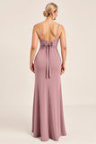 Vintage Mauve schede spaghetti bandjes gerimpeld lange bruidsmeisje jurk met spleet