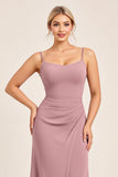 Vintage Mauve schede spaghetti bandjes gerimpeld lange bruidsmeisje jurk met spleet