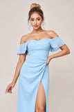 Hemelsblauwe schede Ruffle Off the Shoulder lange bruidsmeisjesjurk met split